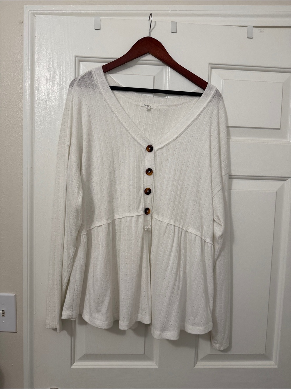 Maurices White Button-Front V-Neck Peplum Long Sleeve Top